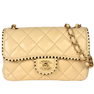 CHANEL Matelasse Coco Mark Chain Shoulder Bag Lambskin Bicolor Beige