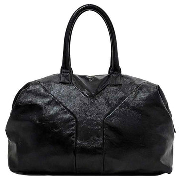 YVES SAINT LAURENT Easy Boston Bag Black Silver Tote Patent Leather  YSL Embroidery Stitch Y