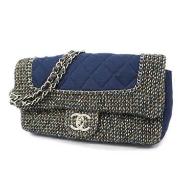 CHANEL Shoulder Bag Matelasse W Chain Cotton Navy Silver Hardware Women's