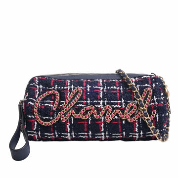 CHANEL Tweed here mark chain shoulder bag navy ladies