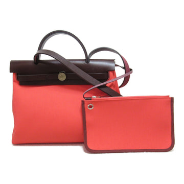 HERMES Herbag Zip PM Shoulder Bag Red Rouge H Capucine leather Toile Military / Vache leather hunter