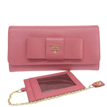 PRADA Saffiano leather ribbon long wallet with hook pink 1MH132 pass case