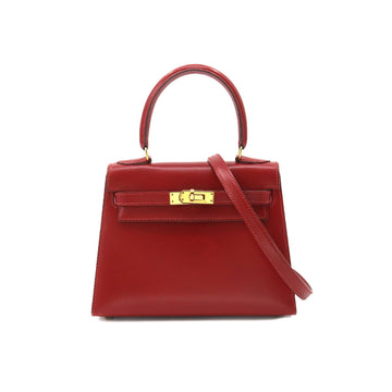 HERMES Mini Kelly 20 2way Hand Shoulder Bag Box Calf Rouge Vif Outer Stitching 〇U Engraved Gold Metal Fittings
