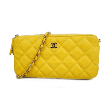 CHANEL Shoulder Wallet Matelasse Chain Caviar Skin Yellow Gold Hardware Women's