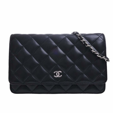 CHANEL Lambskin Matelasse Coco Mark Chain Shoulder Wallet Long Black Ladies