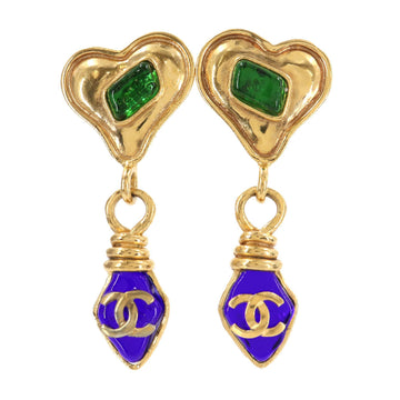 Chanel here mark color stone swing earrings heart blue green gold 95P accessories vintage