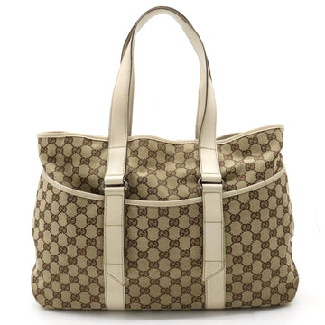 GUCCI GG Canvas Tote Bag Shoulder Leather Khaki Beige 153238