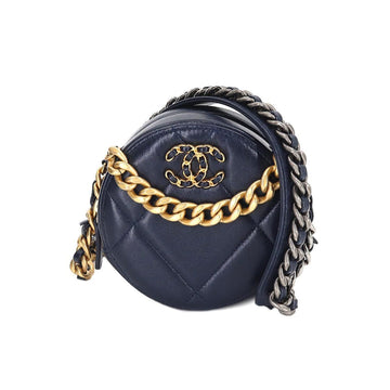 CHANEL 19 Round Clutch Chain Shoulder Bag Leather Navy AP0945