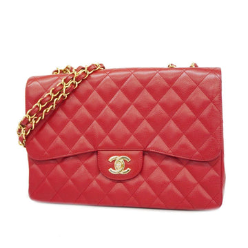 CHANEL Shoulder Bag Matelasse W Chain Caviar Skin Red Gold Hardware Women's