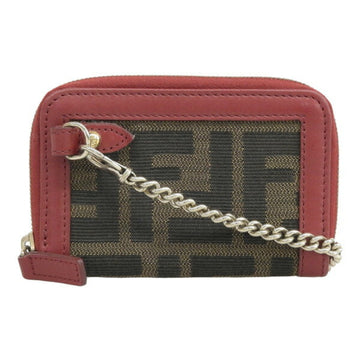 FENDI Canvas Leather Zucca Round Chain Coin Case Brown Red