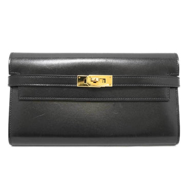 HERMES Kelly Wallet Black G Hardware Box Calf C Engraved Ladies Men's