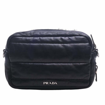 PRADA leather fur shoulder bag black ladies