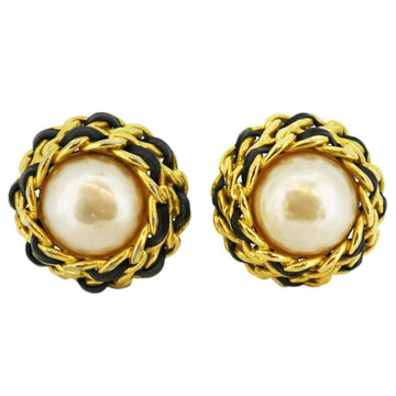 CHANEL earrings vintage round circle fake pearl GP plated leather gold white black ladies