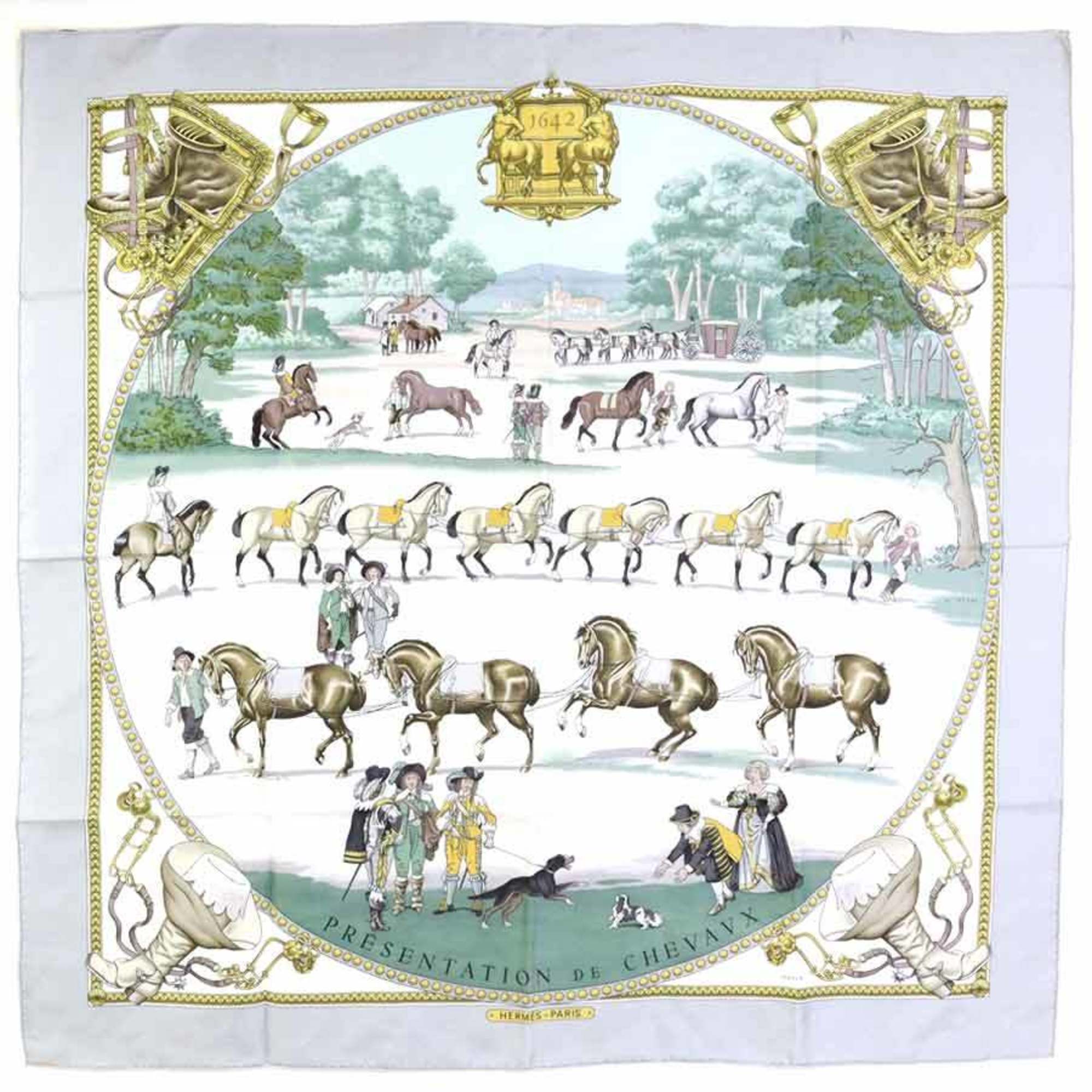 HERMES Scarf Carre 90 PRESENTATION DE CHEVAVX Silk Light Gray/Multicol