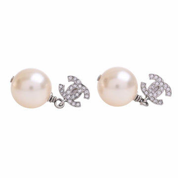 CHANEL Rhinestone Pearl Coco Mark Earrings Silver Women's