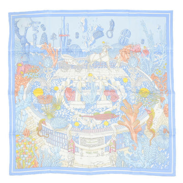 HERMES Carre 70 Scarf Exlibris Atlantis Blue Ciel/Rose/Jaune Silk