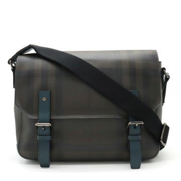 BURBERRY Plaid Bag Shoulder PVC Leather Charcoal Brown Blue