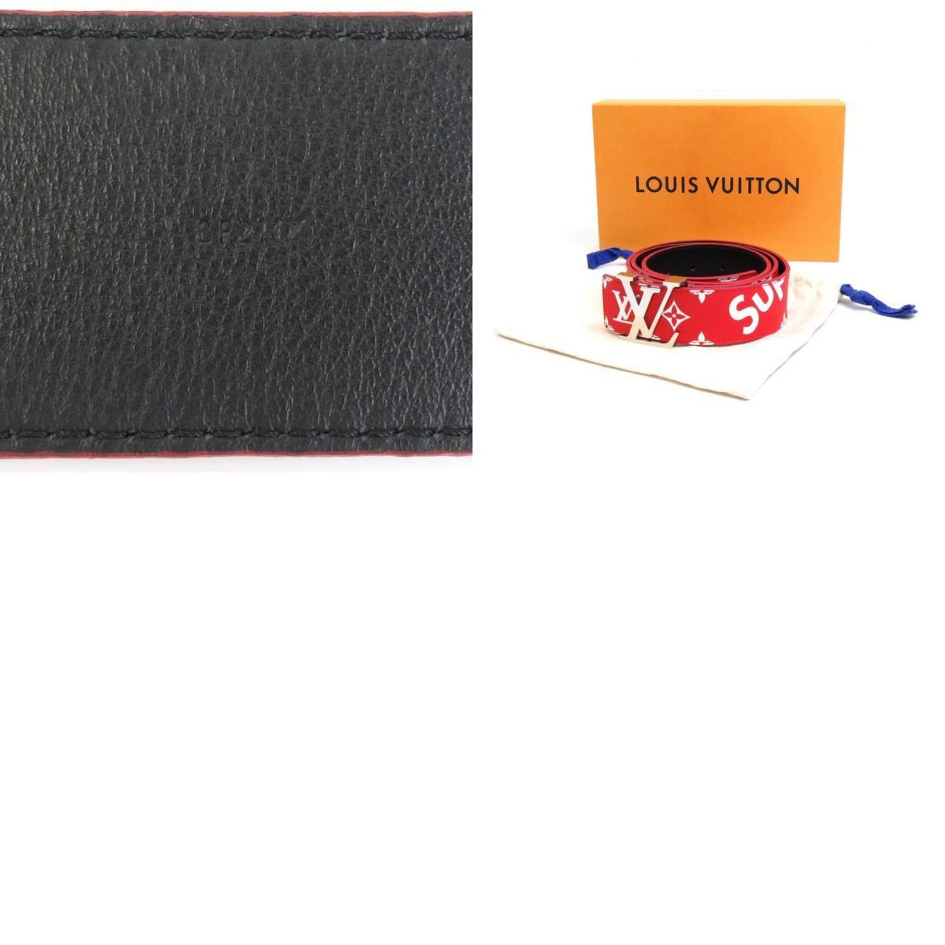 Louis Vuitton LOUIS VUITTON Belt Supreme Collaboration Sun Tulle LV Initial  Leather Red x White Silver Men's MP015