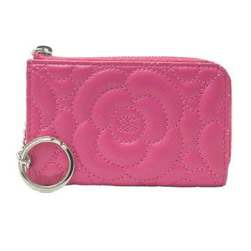 CHANEL Camellia With Key Ring Women's Lambskin Coin Purse/coin Case Pink