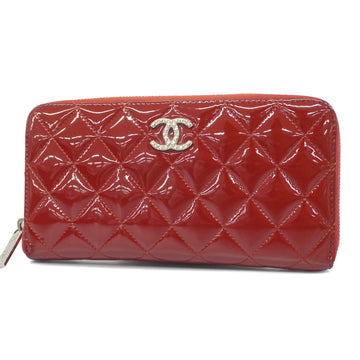 CHANELAuth  Long Wallet Brilliant Silver Metal Fittings Patent Leather Red