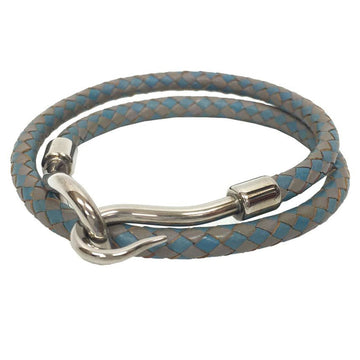 HERMES jumbo choker double bracelet leather intrecciato bicolor men's women's gray light blue