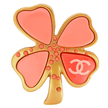 CHANEL brooch here mark metal gold pink clover