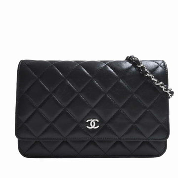 CHANEL lambskin matelasse here mark chain shoulder long wallet black ladies