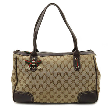 GUCCI GG Canvas Princey Sherry Line Ribbon Tote Bag Shoulder Leather Khaki Beige Dark Brown 177052