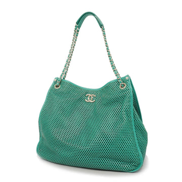 Chanel shoulder bag leather green silver metal