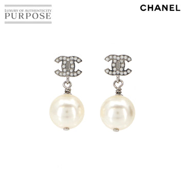 CHANEL Cocomark Fake Pearl Rhinestone Earrings Swing Silver A21V Accessories