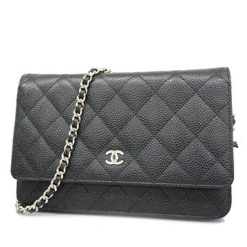 CHANELAuth  Matelasse Silver Hardware Caviar Leather Chain/Shoulder Wallet Black