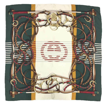 GUCCI Scarf Muffler Large Carre 100% Silk GG Harness Green/Ivory