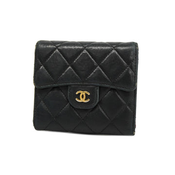 CHANELAuth  Matelasse Tri-fold Wallet Gold Hardware Lambskin Black