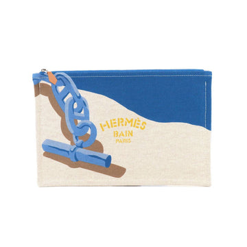 HERMES Chaine d'Ancle Yachting PM Pouch Escale a la Plage Case Cotton Canvas Blue Beige