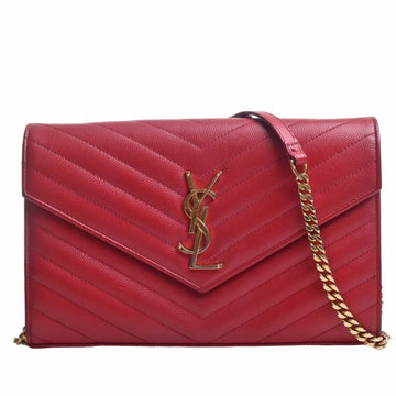 SAINT LAURENT Leather Envelope Chain Shoulder Long Wallet 377828 Red Women's