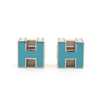 HERMES Cage de Ash H Cube Earrings Light Blue Silver