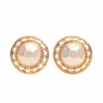 Chanel fake pearl coco mark earrings white gold metal