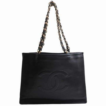 CHANEL Leather Coco Mark Chain Tote Bag Black Ladies