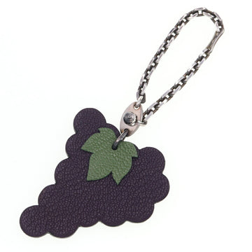 HERMES Bag Charm Fruit Keychain Grape Purple Green Leather Metal Women's