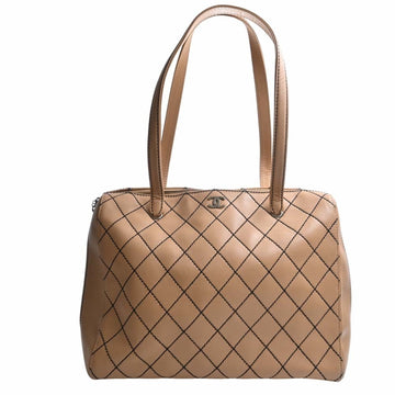 CHANEL Leather Wild Stitch Coco Mark Tote Bag Beige Ladies