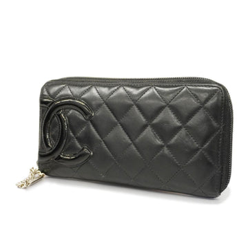 CHANEL Long Wallet Cambon Lambskin Patent Leather Black Silver Hardware Women's