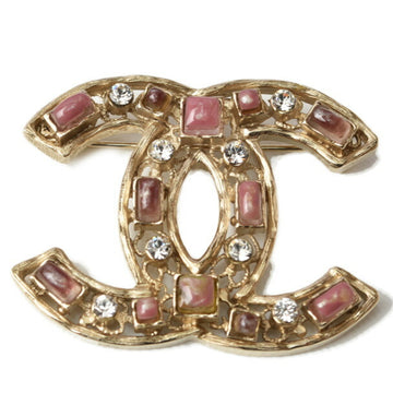 CHANEL brooch pin here mark rhinestone gold pink multi