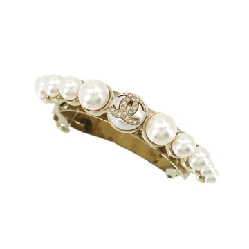 CHANEL here mark fake pearl barrette rhinestone I22S gold white hair accessories Barrette