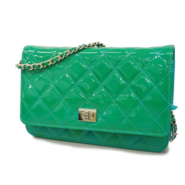 CHANEL Shoulder Wallet Matelasse 2.55 Chain Patent Leather Blue Green Silver Hardware Women's