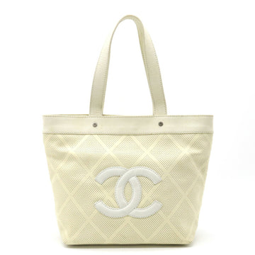 CHANEL here mark punching matelasse mesh tote bag shoulder 2 tone leather ivory light beige