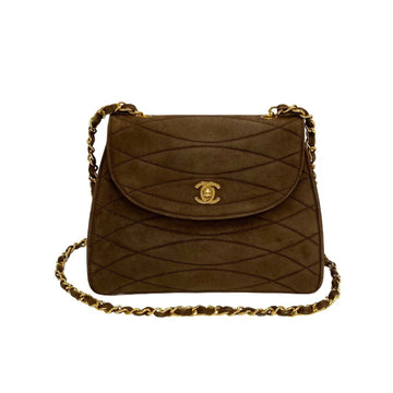 CHANEL Suede Leather Genuine Turnlock Chain Shoulder Bag Brown