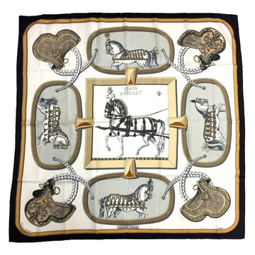 HERMES Carre 90 Scarf Muffler GRAND APPARAT Dressed Horse Black Ivory Silk 100%