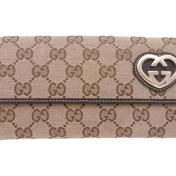 GUCCI W Hook Bifold Long Wallet GG Canvas Beige x Brown Leather Women's 245723