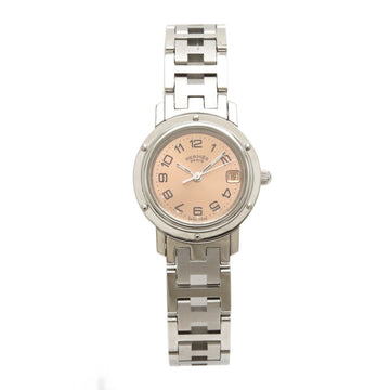 HERMES Clipper Date Pink Dial SS Women's Quartz Wristwatch CL4.210