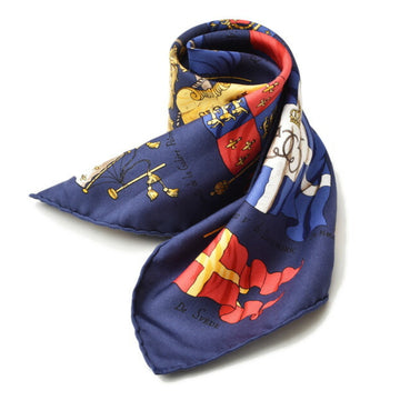 HERMES scarf muffler  handkerchief curry 45 silk flag motif marine